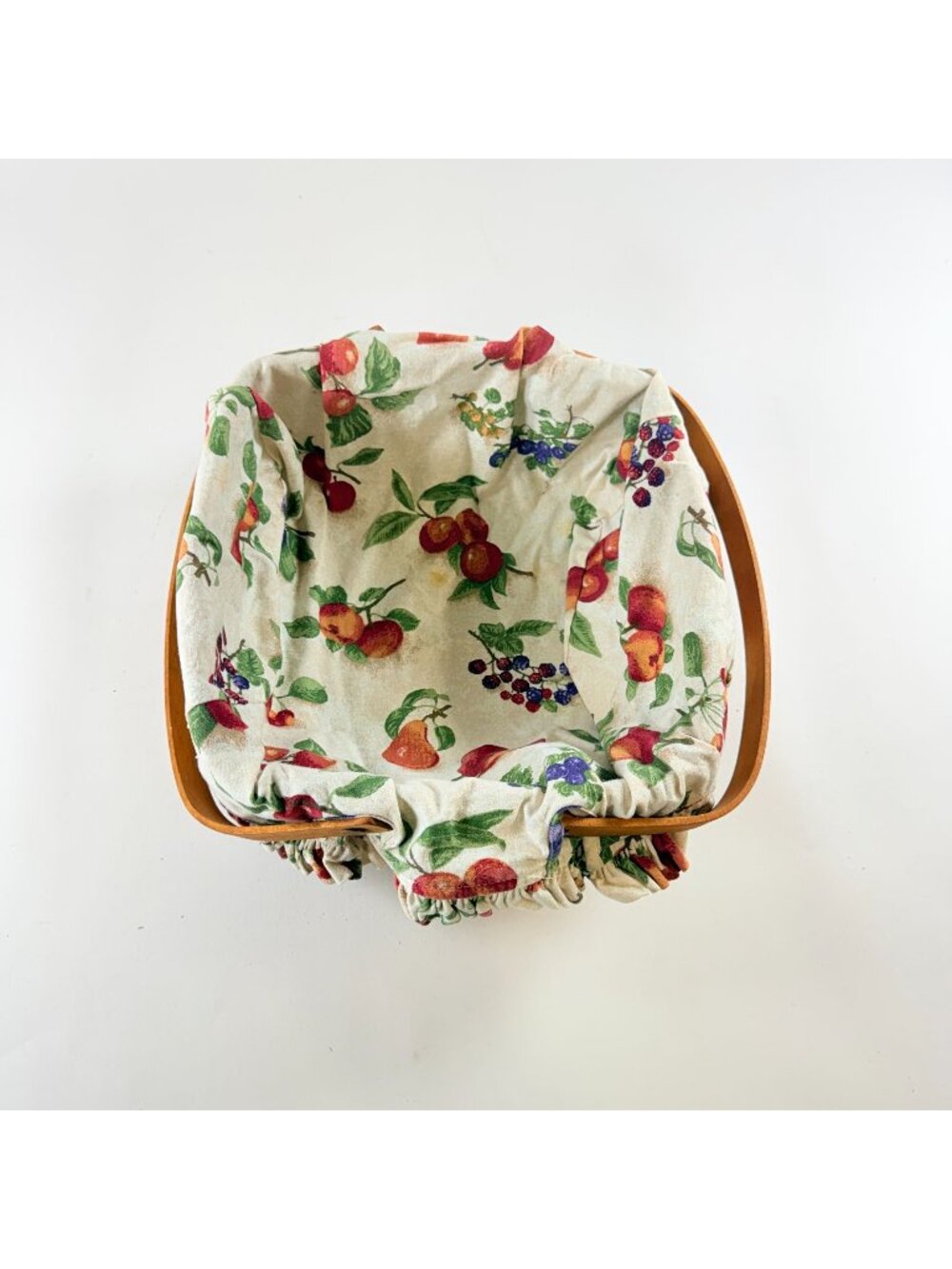 Longaberger 1992 Woven Square Basket W/Fruit Print Fabric Double Handles